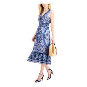 TAYLOR Womens Blue Tiered Hem Sleeveless V Neck Midi Evening Fit + Flare Dress 2